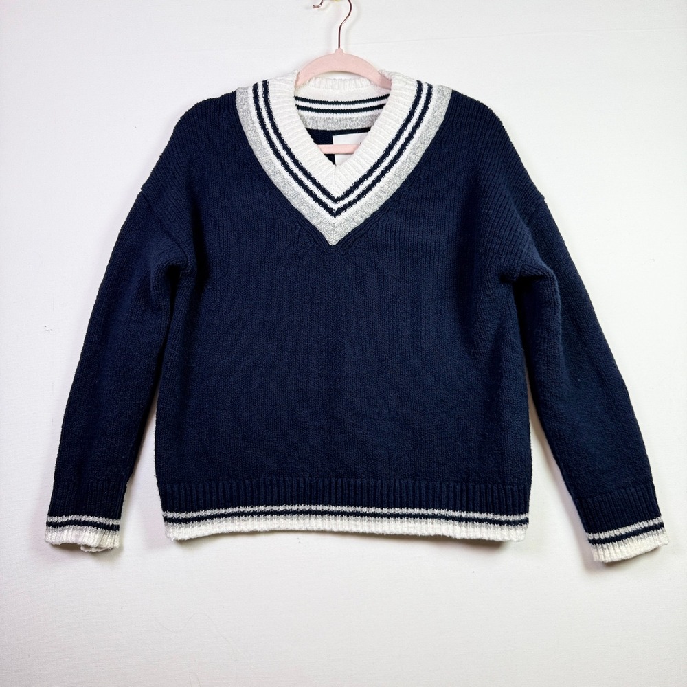 ABERCROMBIE & FITCH Navy Blue Striped V-Neck Varsity Knit Sweater XS